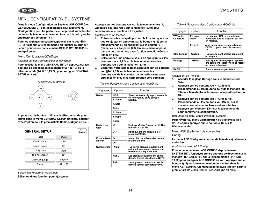 Jensen VM9510TS Menu Configuration DU Systeme, Menu Configuration Générale, Menu ASP traitement de son audio Config 