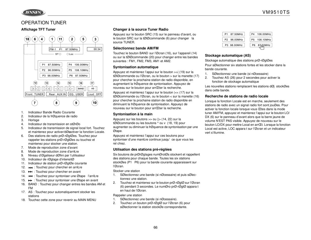 Jensen VM9510TS operation manual Operation Tuner 