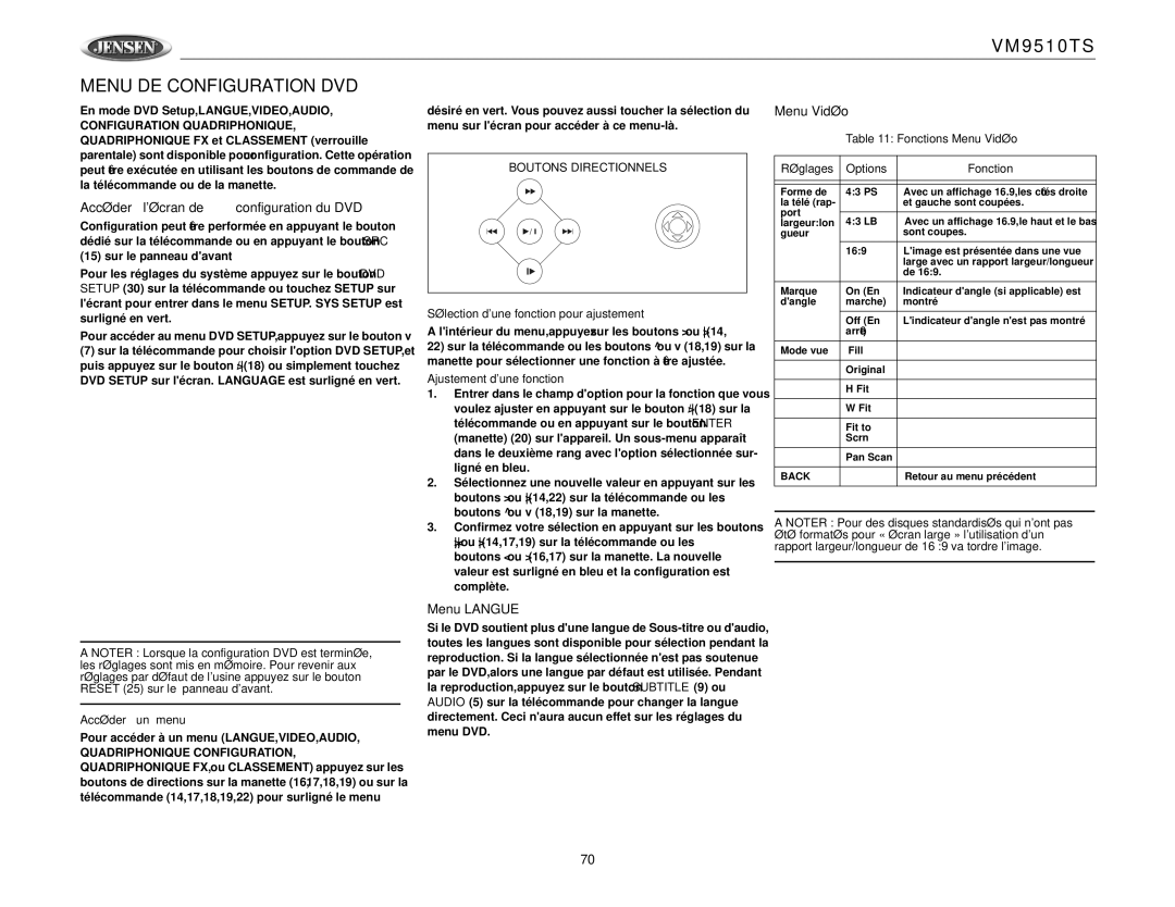 Jensen VM9510TS Menu DE Configuration DVD, Accéder à lécran de configuration du DVD, Menu Langue, Menu Vidéo 