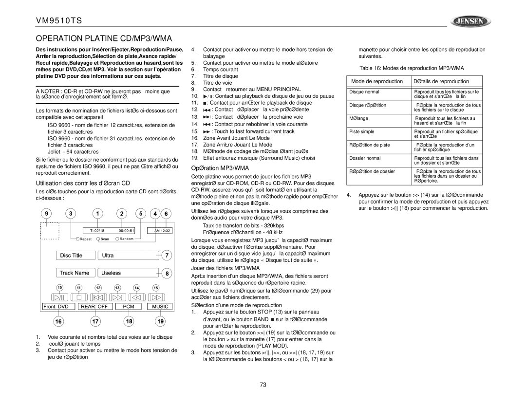 Jensen VM9510TS operation manual Operation Platine CD/MP3/WMA, Utilisation des contrôles décran CD, Opération MP3/WMA 