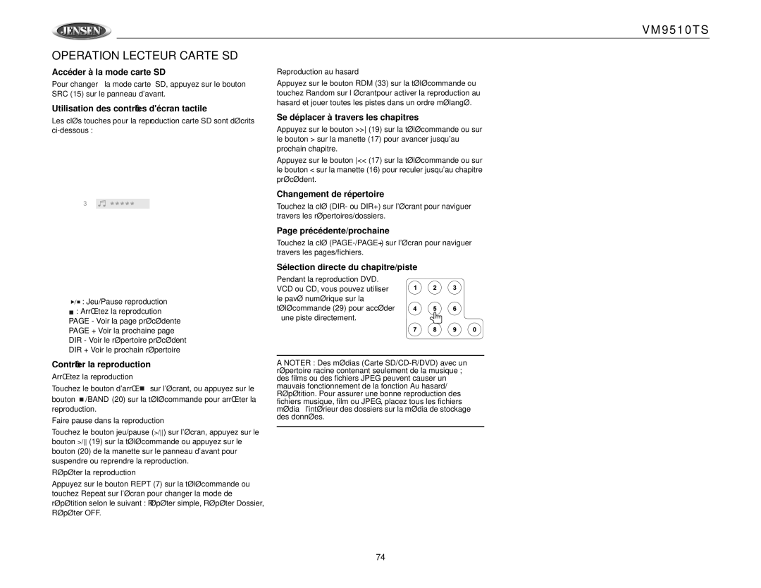 Jensen VM9510TS Operation Lecteur Carte SD, Accéder à la mode carte SD, Changement de répertoire, Précédente/prochaine 