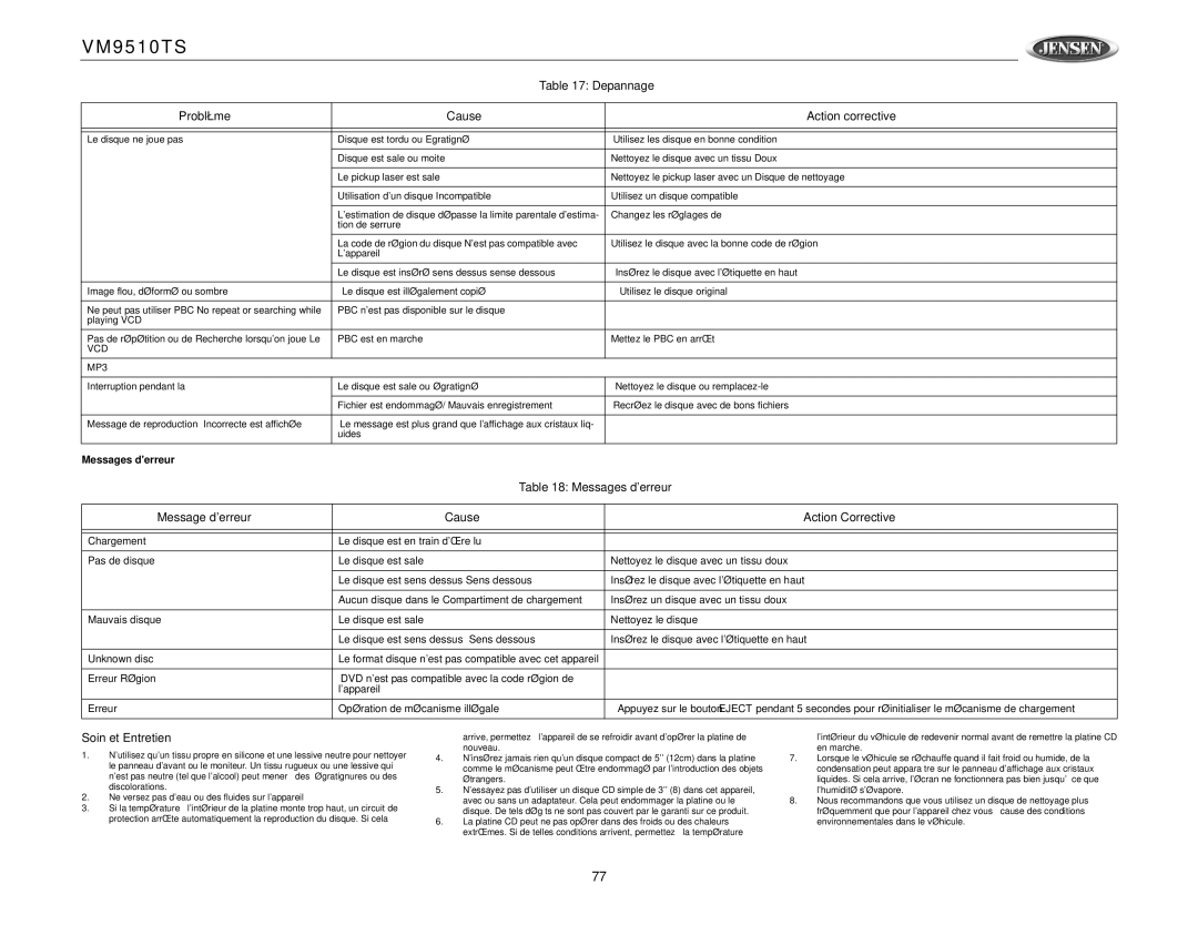 Jensen VM9510TS operation manual Messages derreur, Message derreur Cause Action Corrective, Soin et Entretien, Vcd 