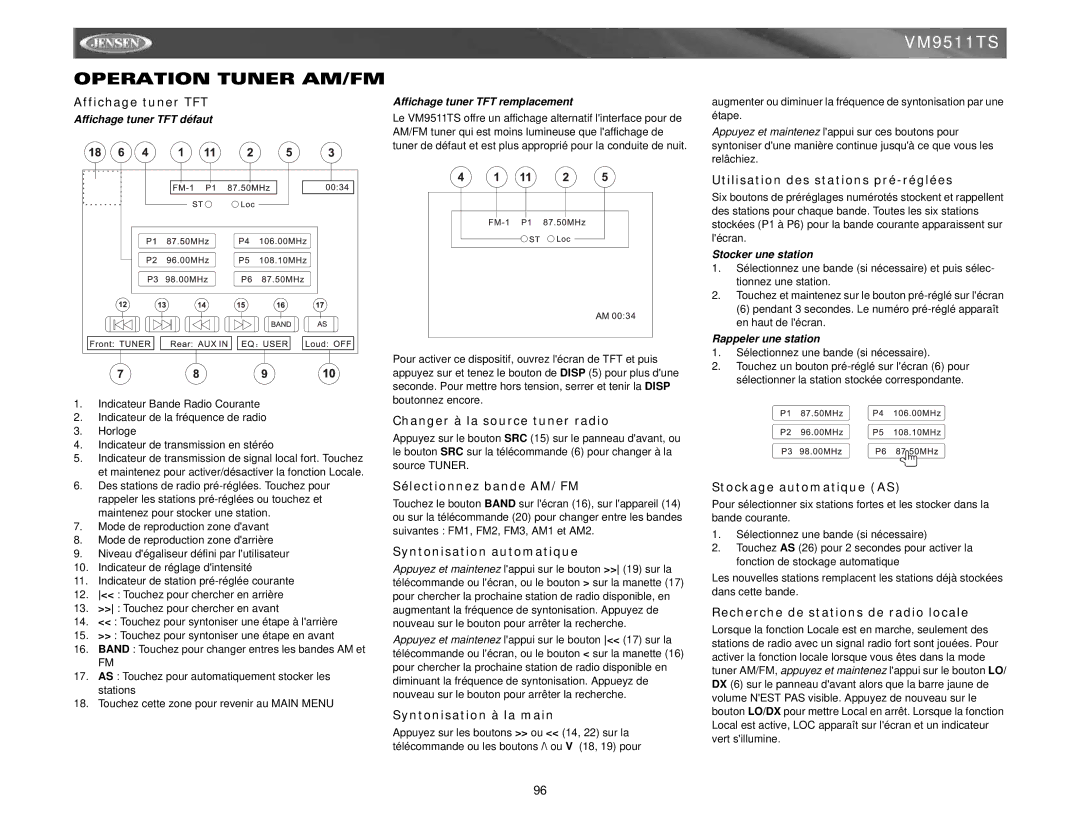 Jensen VM9511TS instruction manual Operation Tuner AM/FM 