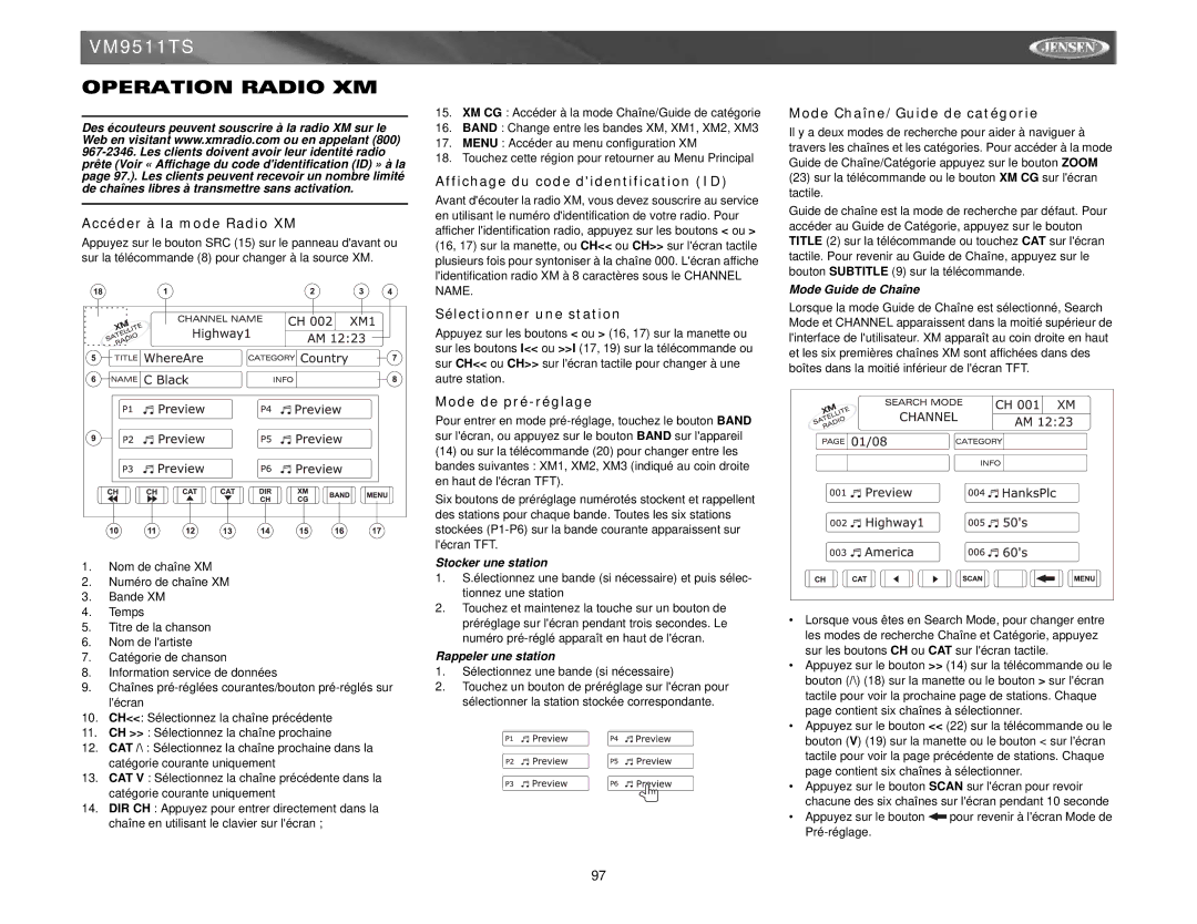 Jensen VM9511TS instruction manual Operation Radio XM 