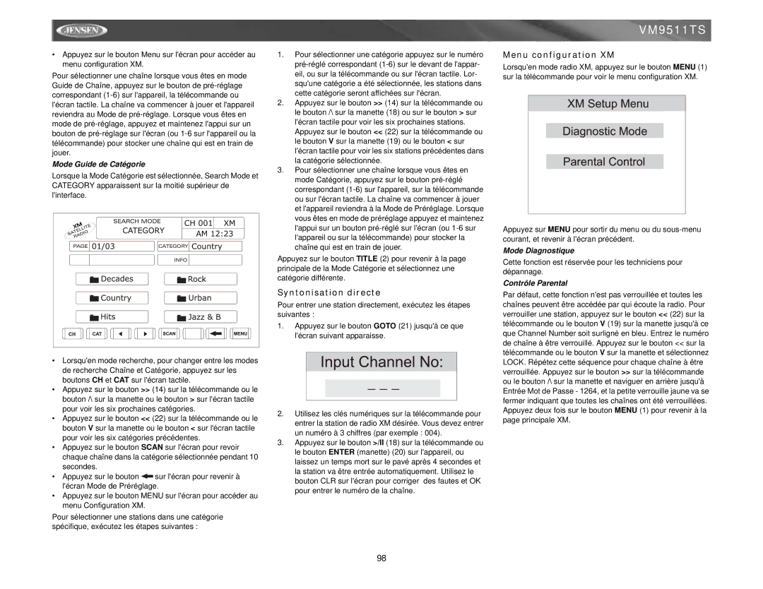 Jensen VM9511TS instruction manual Syntonisation directe, Menu configuration XM, Mode Guide de Catégorie, Mode Diagnostique 