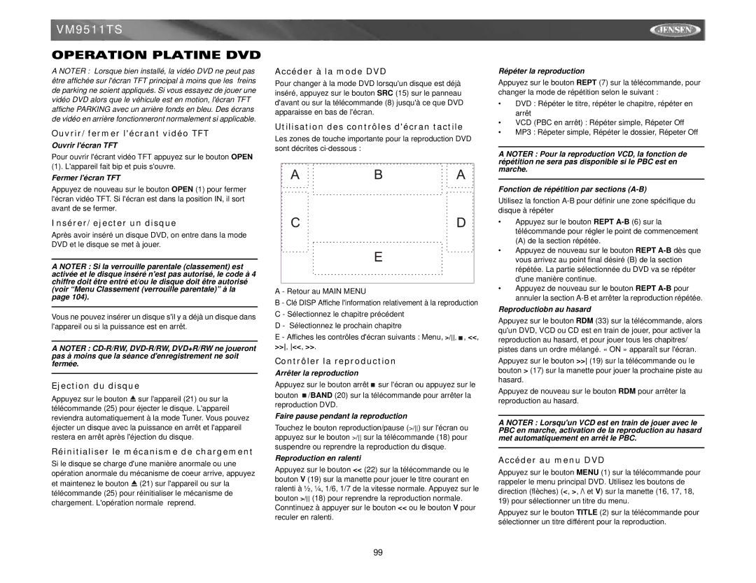 Jensen VM9511TS instruction manual Operation Platine DVD 