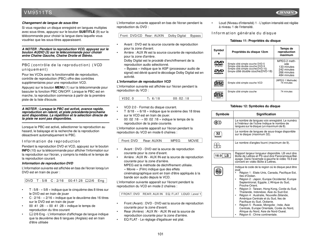 Jensen VM9511TS instruction manual PBC contrôle de la reproduction VCD uniquement, Information de reproduction 