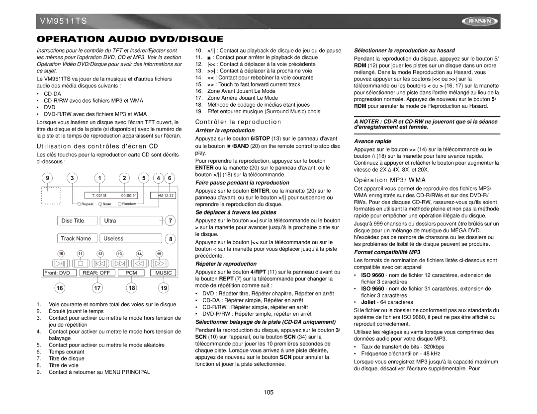 Jensen VM9511TS instruction manual Operation Audio DVD/DISQUE, Utilisation des contrôles décran CD, Opération MP3/WMA 