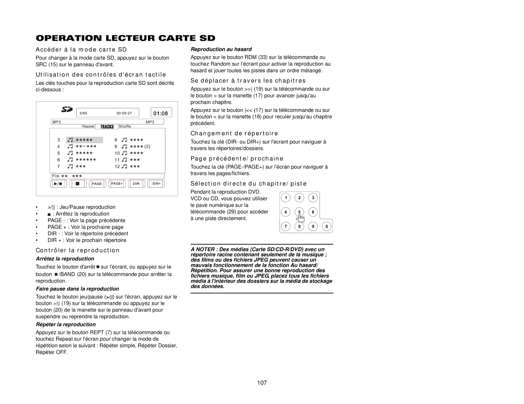 Jensen VM9511TS Operation Lecteur Carte SD, Accéder à la mode carte SD, Changement de répertoire, Précédente/prochaine 