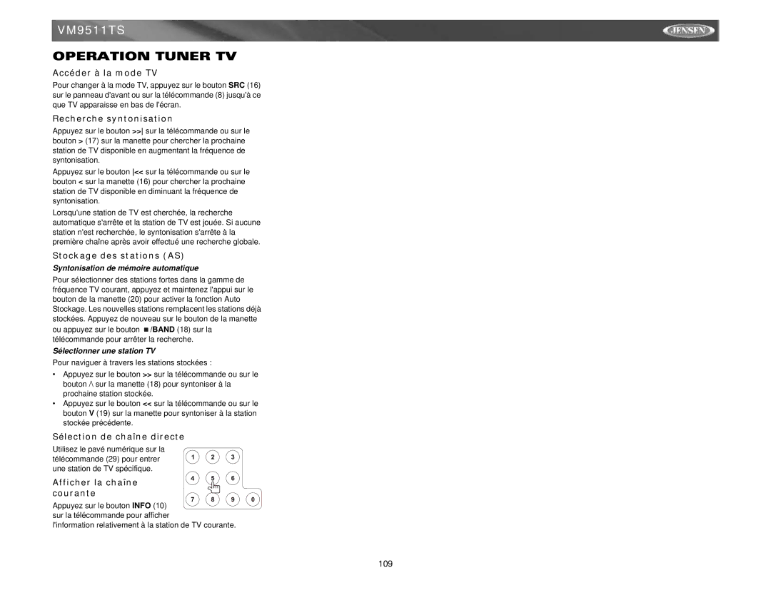 Jensen VM9511TS instruction manual Operation Tuner TV 