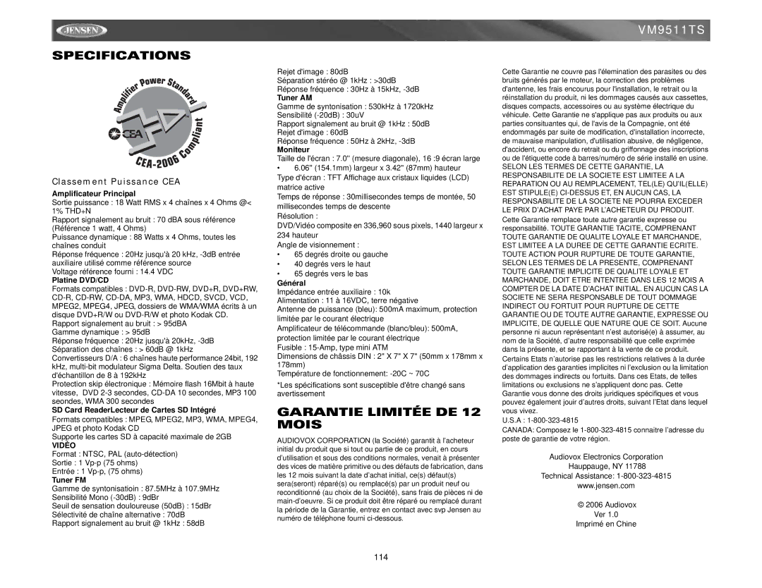 Jensen VM9511TS instruction manual Garantie Limitée DE 12 Mois, Classement Puissance CEA, Vidéo 