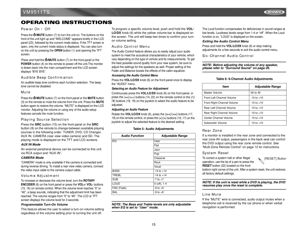 Jensen VM9511TS instruction manual Operating Instructions 