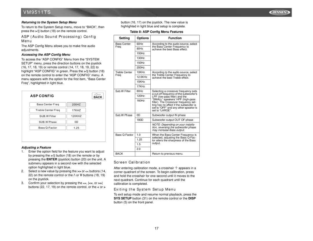 Jensen VM9511TS ASP Audio Sound Processing Config Menu, Screen Calibration, Exiting the System Setup Menu 