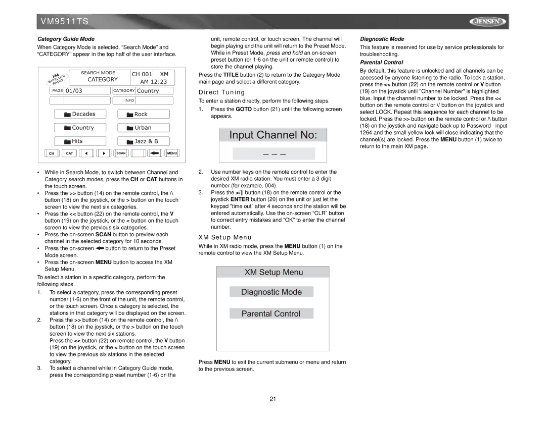 Jensen VM9511TS instruction manual Direct Tuning, XM Setup Menu, Category Guide Mode, Diagnostic Mode, Parental Control 