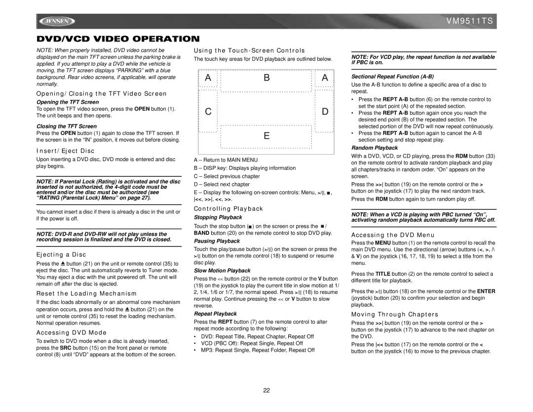 Jensen VM9511TS instruction manual DVD/VCD Video Operation 