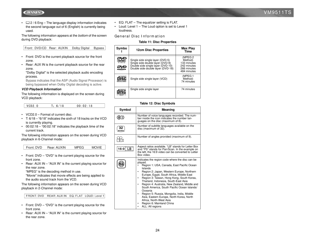 Jensen VM9511TS General Disc Information, VCD Playback Information, Disc Properties Symbo 12cm Disc Properties Max Play 