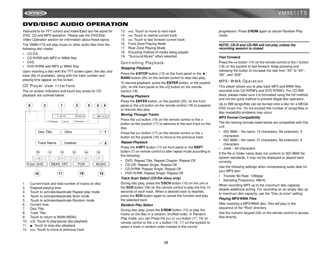 Jensen VM9511TS instruction manual DVD/DISC Audio Operation, CD Player User Interface, MP3/WMA Operation 