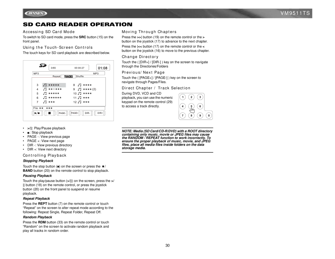 Jensen VM9511TS instruction manual SD Card Reader Operation, Accessing SD Card Mode, Change Directory, Previous/Next 