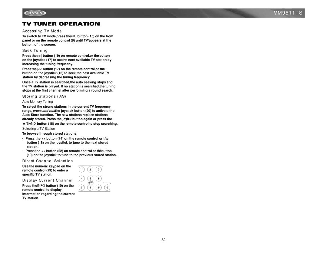 Jensen VM9511TS instruction manual TV Tuner Operation 