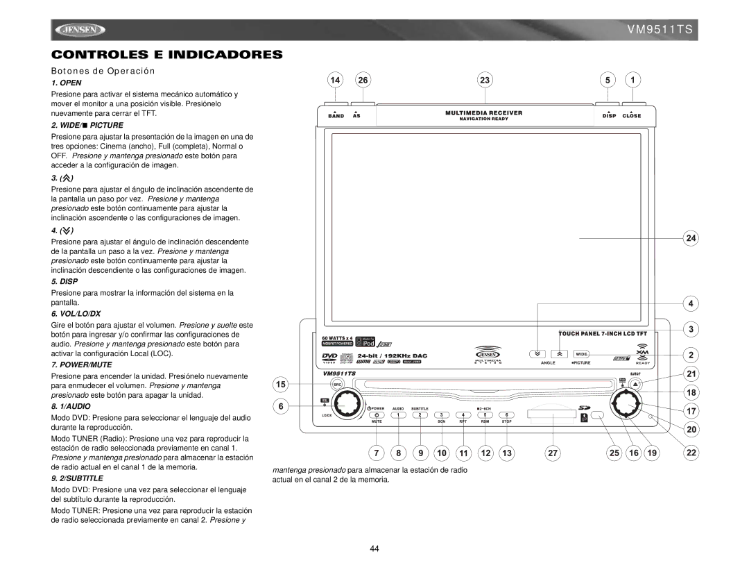 Jensen VM9511TS instruction manual Controles E Indicadores, Botones de Operación 