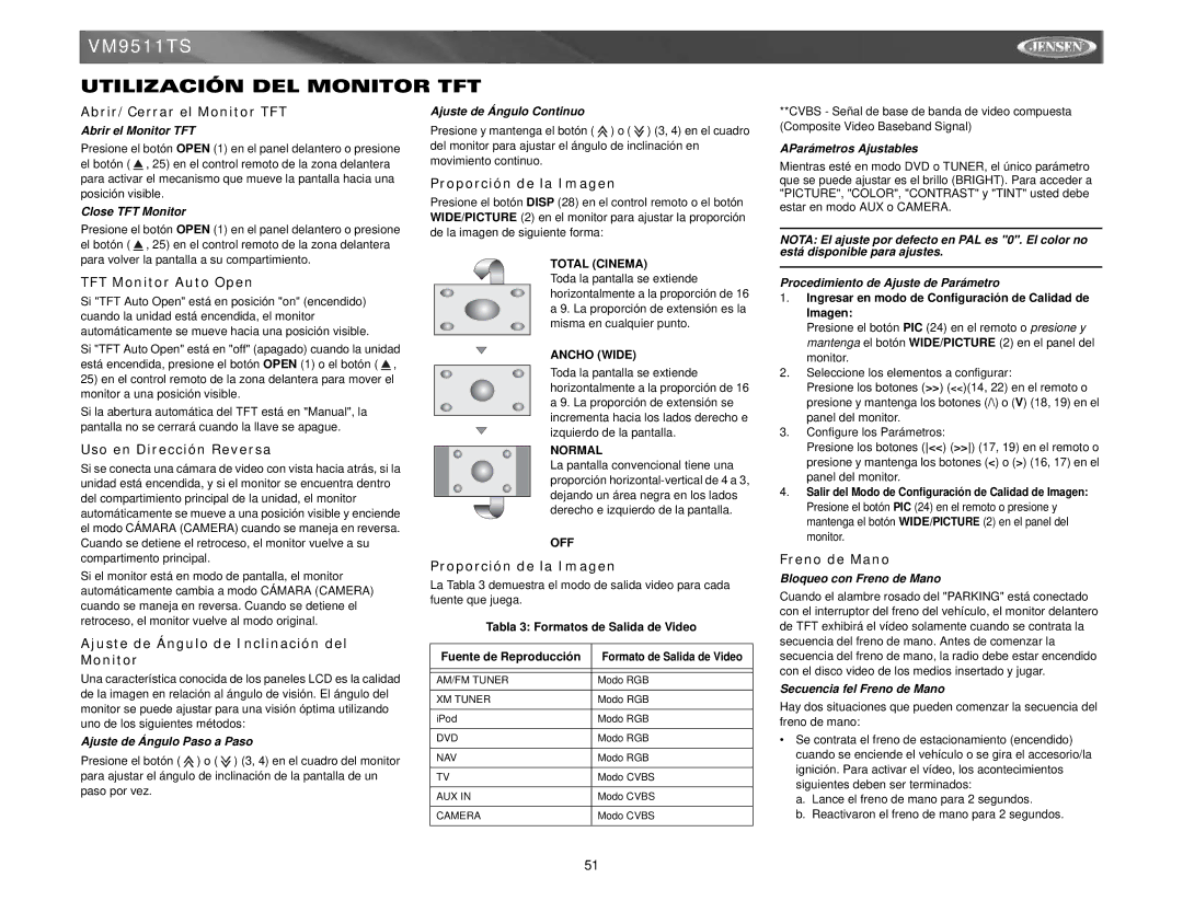 Jensen VM9511TS instruction manual Utilización DEL Monitor TFT 