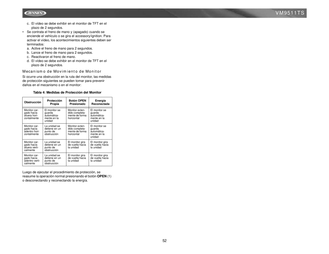 Jensen VM9511TS instruction manual Mecanismo de Movimiento de Monitor, Tabla 4 Medidas de Protección del Monitor 