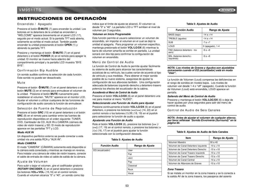 Jensen VM9511TS instruction manual Instrucciones DE Operación 