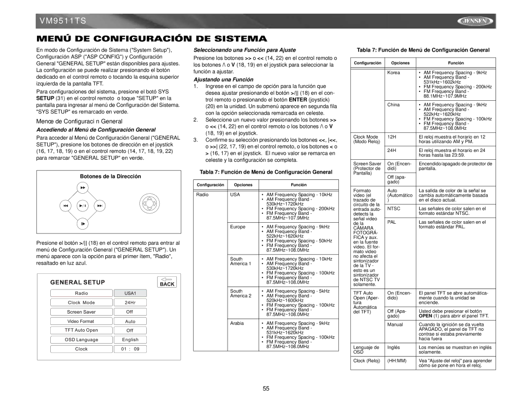 Jensen VM9511TS Menú DE Configuración DE Sistema, Menú de Configuración General, Seleccionando una Función para Ajuste 