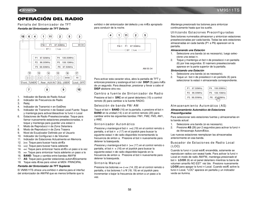 Jensen VM9511TS instruction manual Operación DEL Radio 