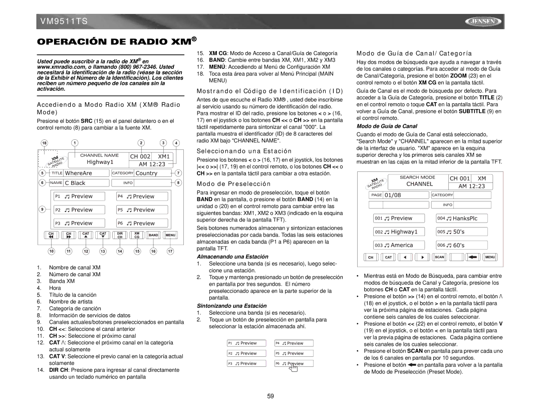 Jensen VM9511TS instruction manual Operación DE Radio XM 