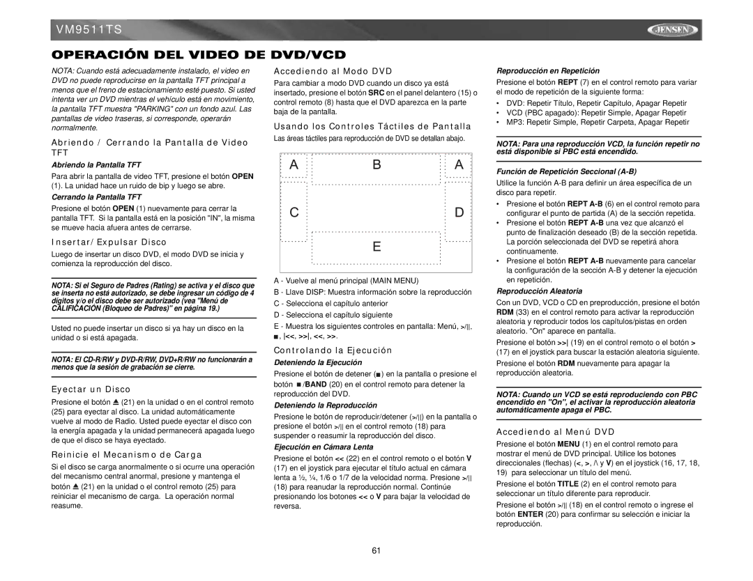 Jensen VM9511TS instruction manual Operación DEL Video DE DVD/VCD 