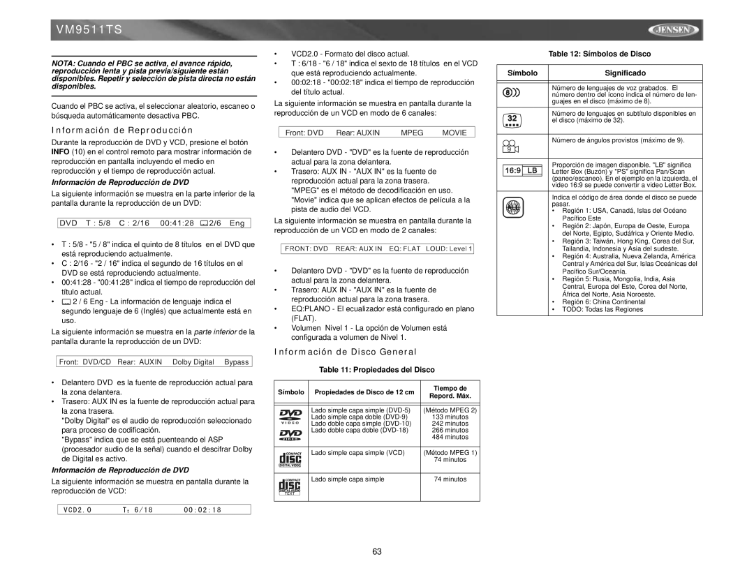 Jensen VM9511TS Información de Disco General, Información de Reproducción de DVD, Propiedades del Disco 