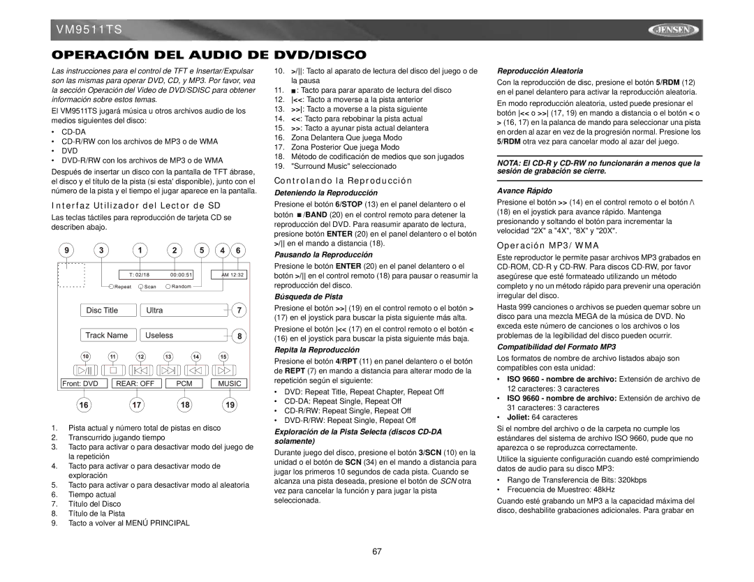 Jensen VM9511TS Operación DEL Audio DE DVD/DISCO, Interfaz Utilizador del Lector de SD, Controlando la Reproducción 