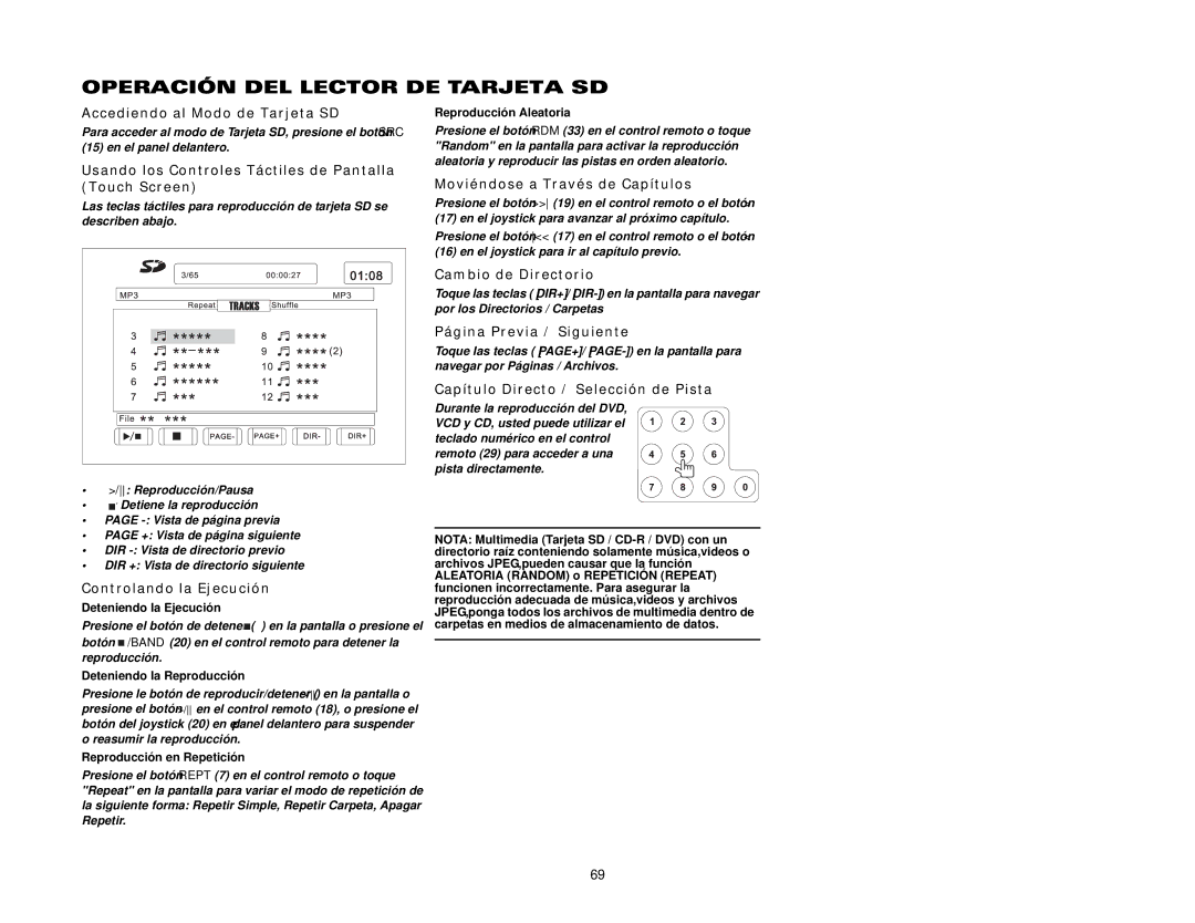 Jensen VM9511TS Operación DEL Lector DE Tarjeta SD, Accediendo al Modo de Tarjeta SD, Cambio de Directorio 