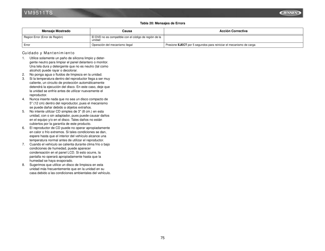 Jensen VM9511TS instruction manual Cuidado y Mantenimiento 