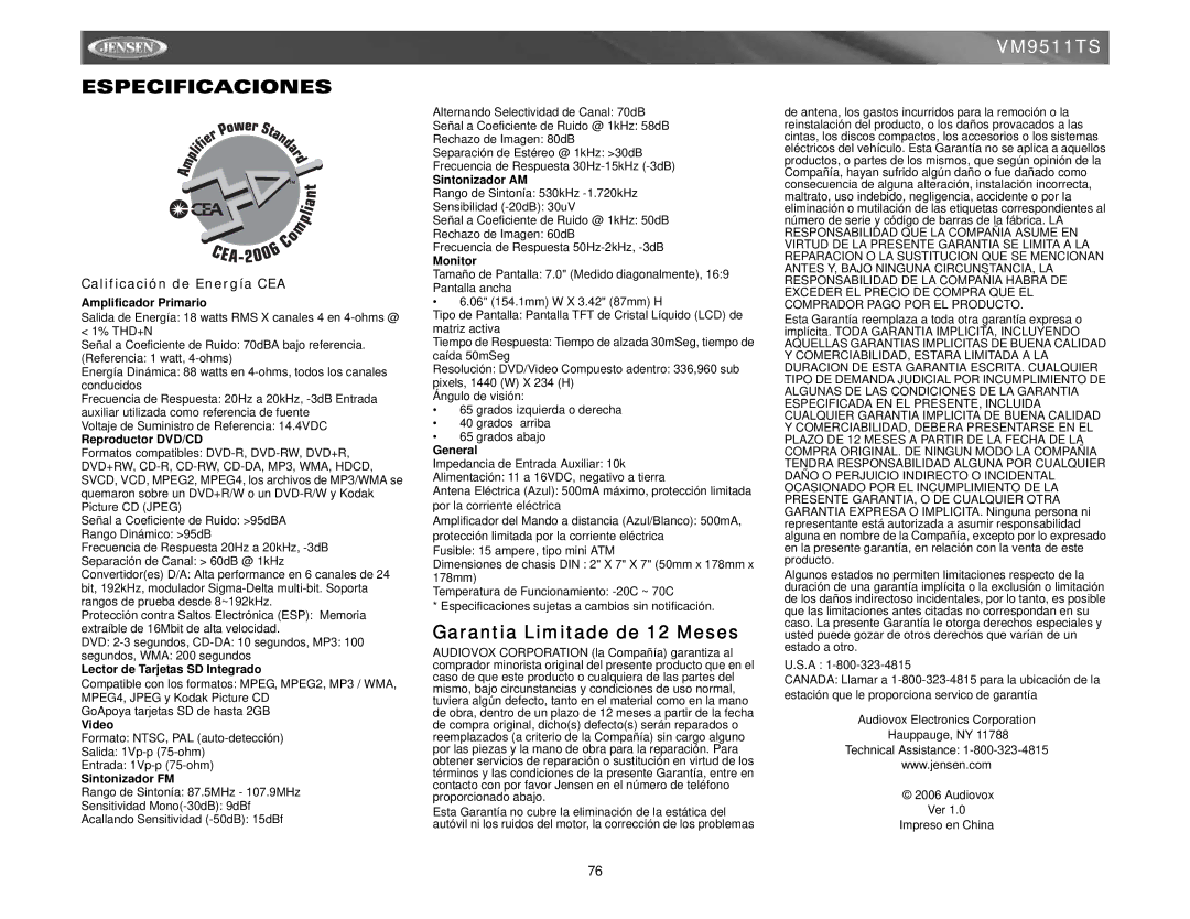 Jensen VM9511TS instruction manual Especificaciones, Calificación de Energía CEA 