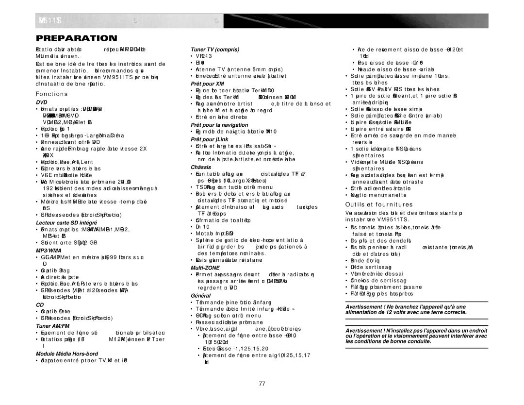 Jensen VM9511TS instruction manual Fonctions, Outils et fournitures 