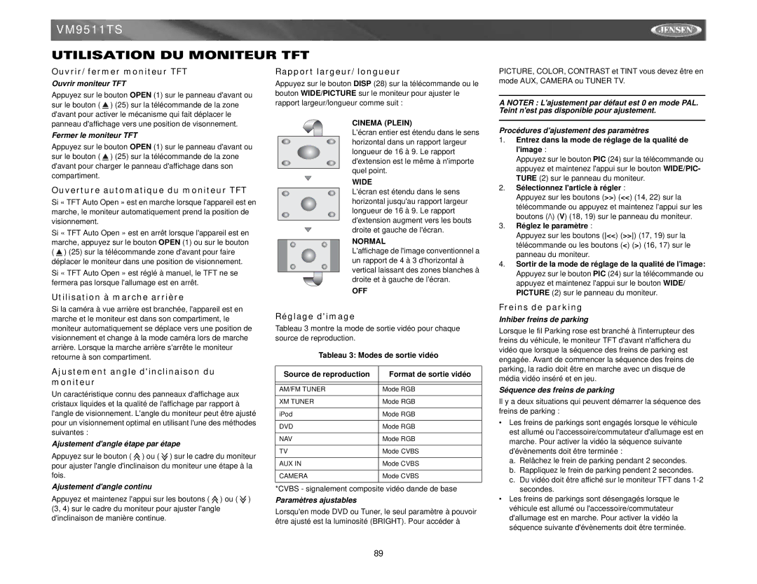 Jensen VM9511TS instruction manual Utilisation DU Moniteur TFT 