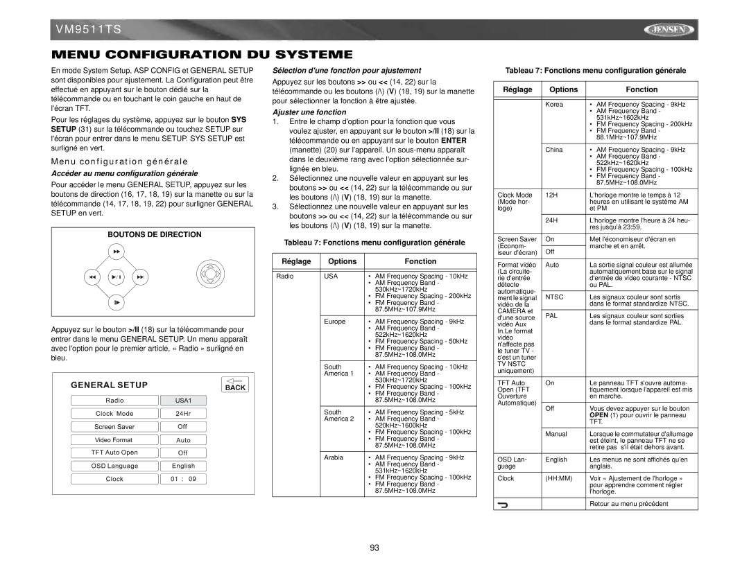 Jensen VM9511TS Menu Configuration DU Systeme, Menu configuration générale, Accéder au menu configuration générale 