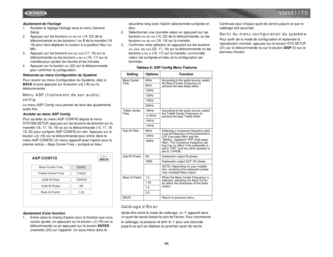 Jensen VM9511TS Menu ASP traitement de son audio config, Calibrage dÉcran, Sortir du menu configuration du système 