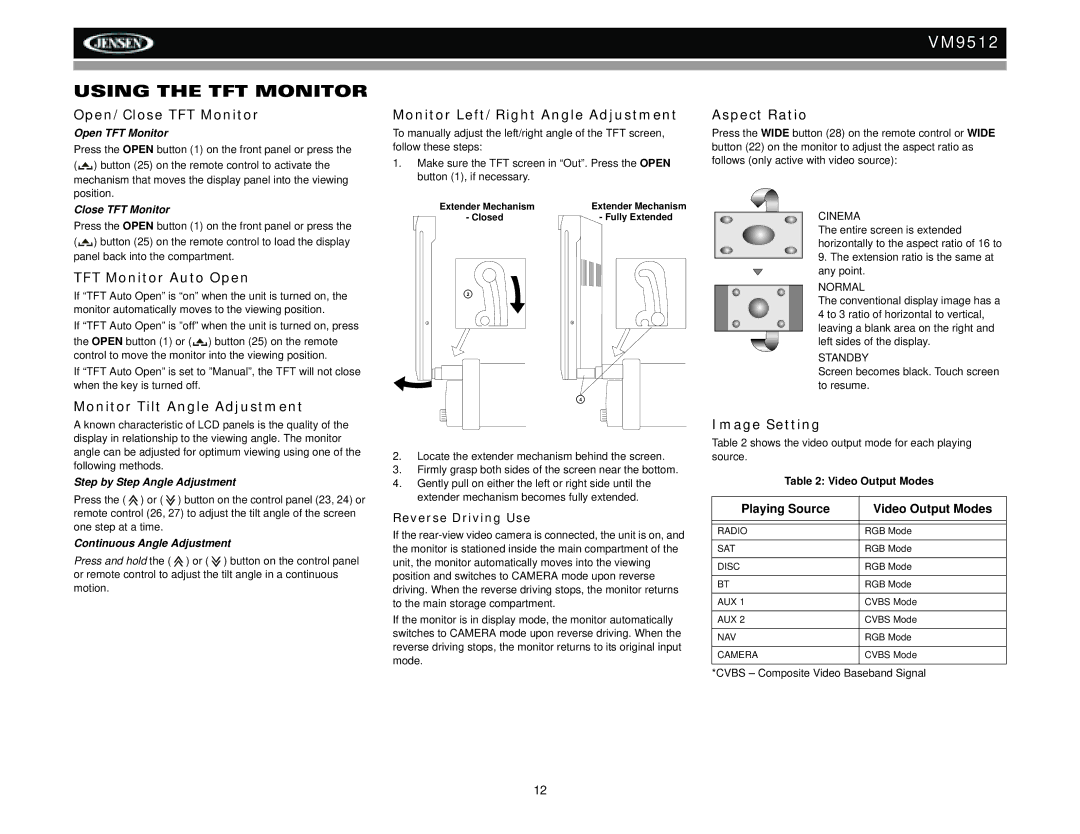 Jensen VM9512 operation manual Using the TFT Monitor 