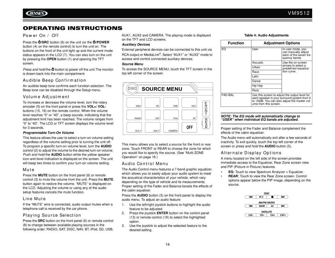 Jensen VM9512 operation manual Operating Instructions 