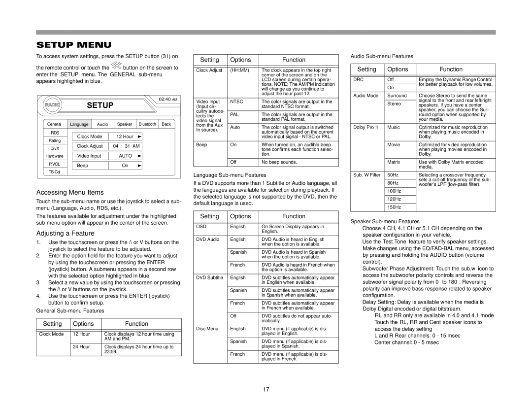 Jensen VM9512 operation manual Setup Menu, Accessing Menu Items, Adjusting a Feature, Setting Options Function 