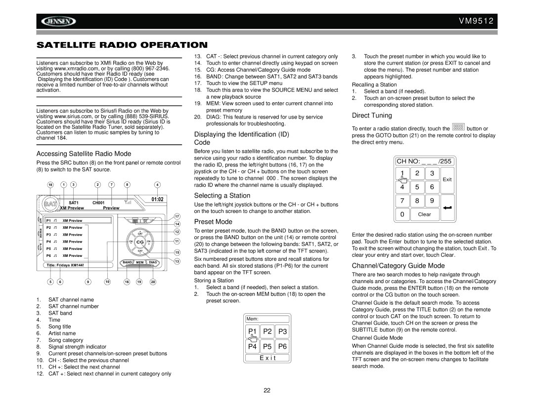 Jensen VM9512 operation manual Satellite Radio Operation 