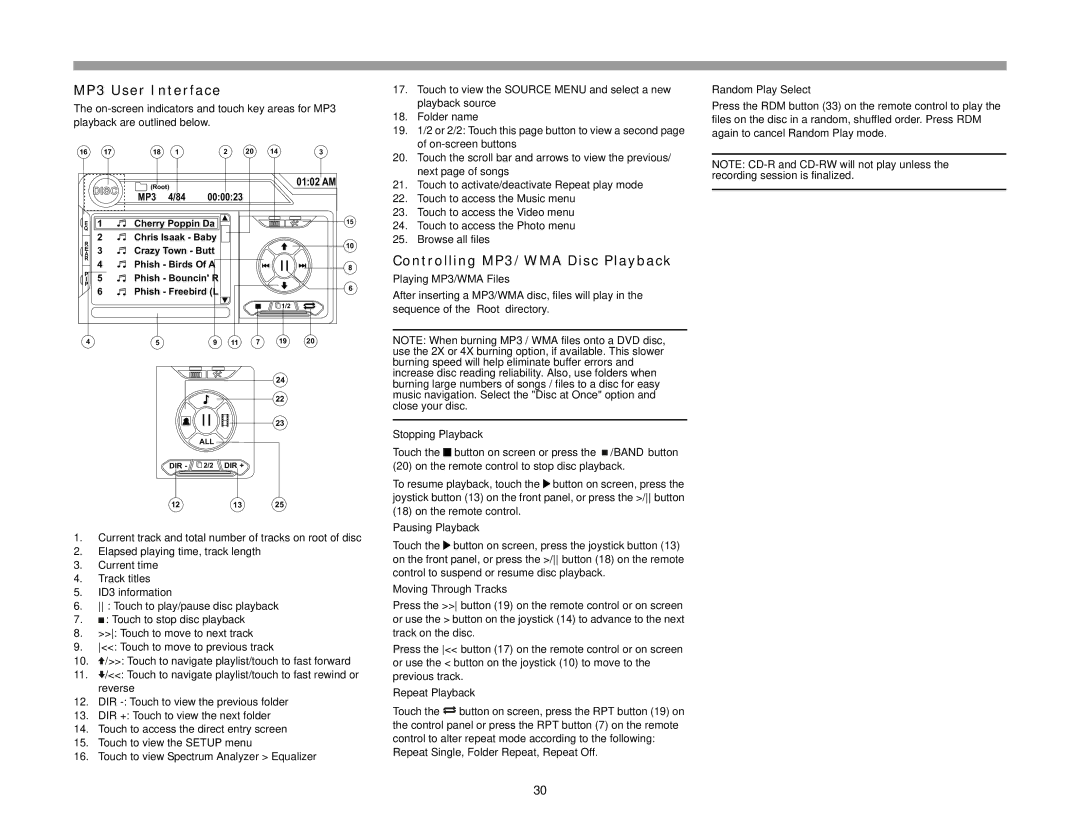 Jensen VM9512 operation manual MP3 User Interface, Controlling MP3/WMA Disc Playback, Playing MP3/WMA Files 