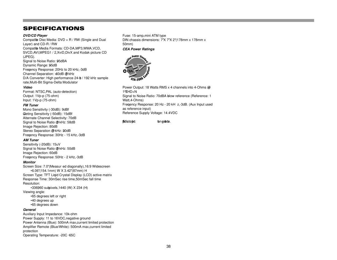 Jensen VM9512 operation manual Specifications 