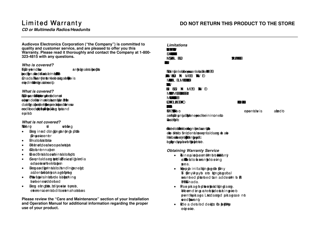 Jensen VM9512 operation manual Limited Warranty, Do not Return this Product to the Store 