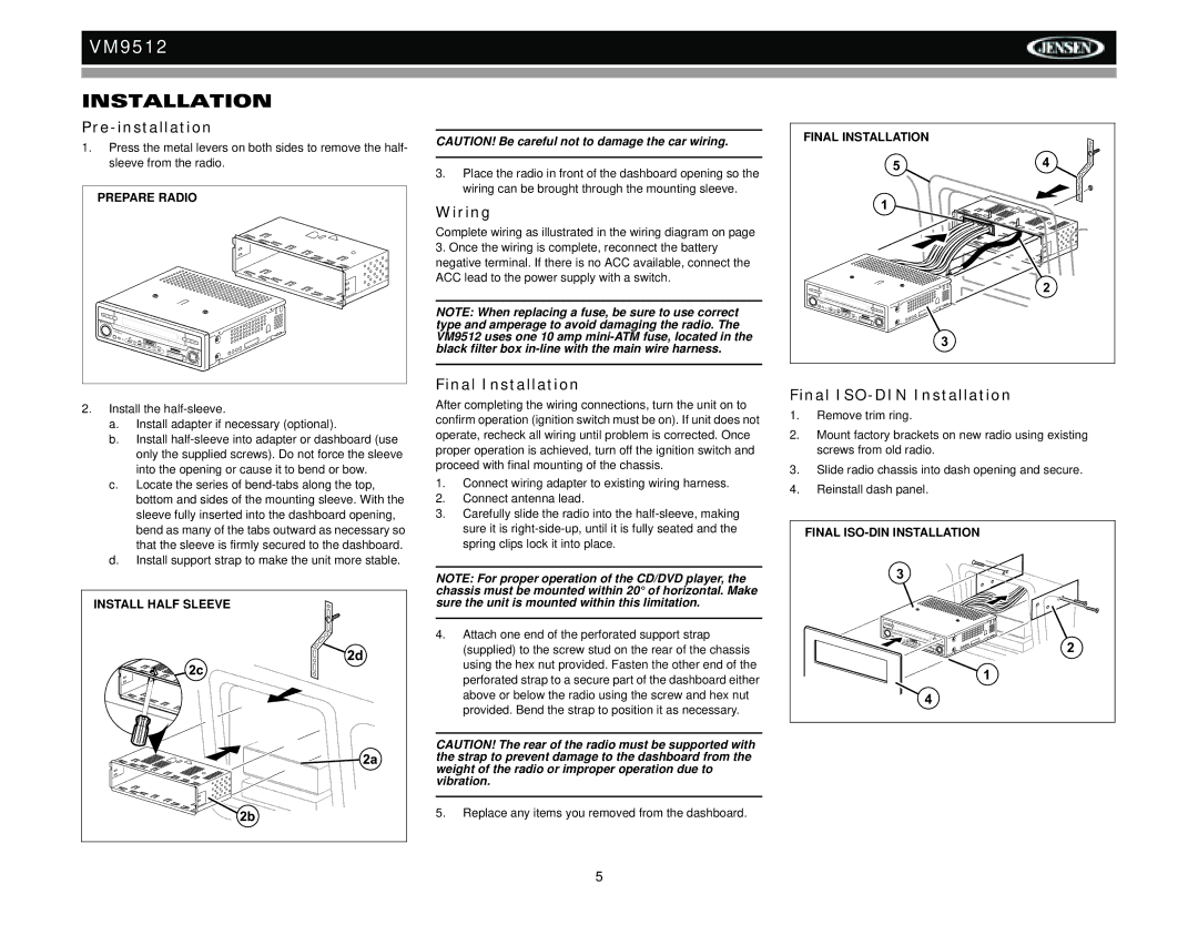 Jensen VM9512 operation manual Pre-installation, Wiring, Final Installation, Final ISO-DIN Installation 