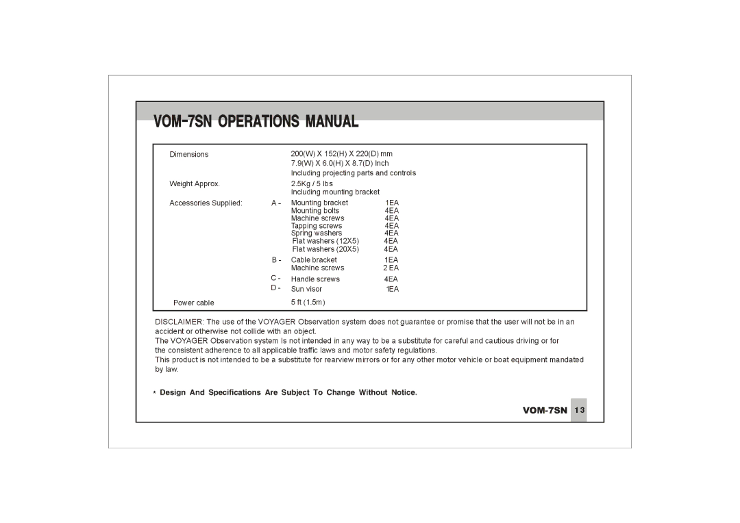 Jensen VOM-7SN manual 