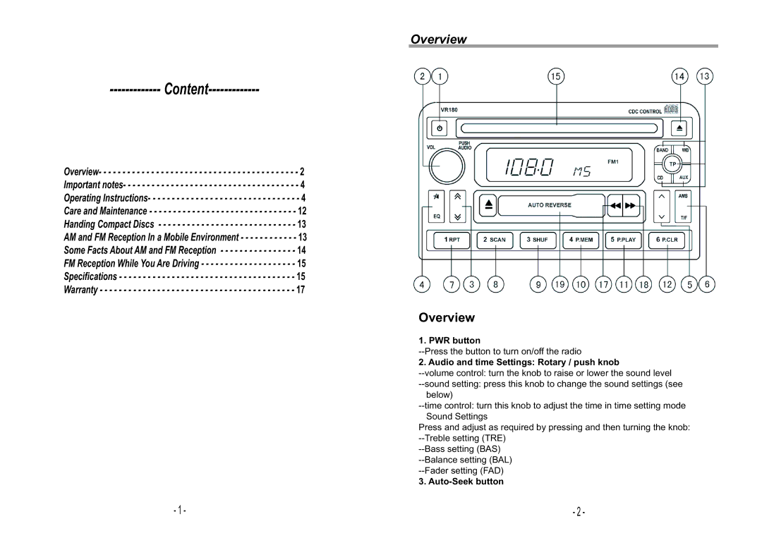 Jensen VR180 manual PWR button, Audio and time Settings Rotary / push knob, Auto-Seek button 